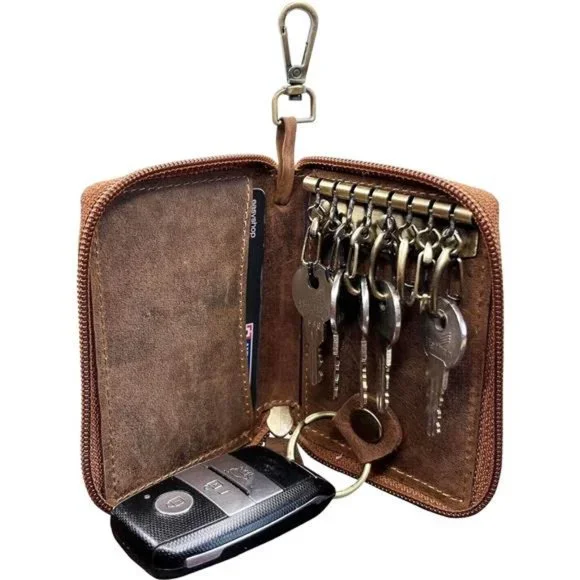 Ihreesy Genuine Cowhide Leather Key Holder Wallet - Vintage Brown, Holds 6 Keys, Cards & Cash - View #9